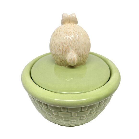 Hallmark Bunny Ceramic Trinket Bowl on a Green Basket - Picture 4 of 8